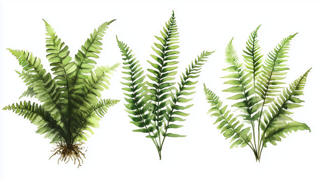 Watercolor set of green ferns isolated on white background
