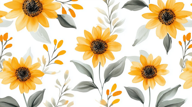 Watercolor floral pattern of yellow sunflowers isolated on white background
