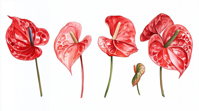 Watercolor set of red anthuriums isolated on white background
