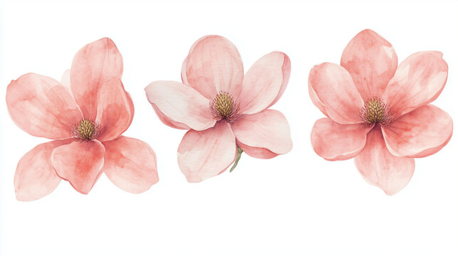 Watercolor set of soft pink magnolias isolated on white background