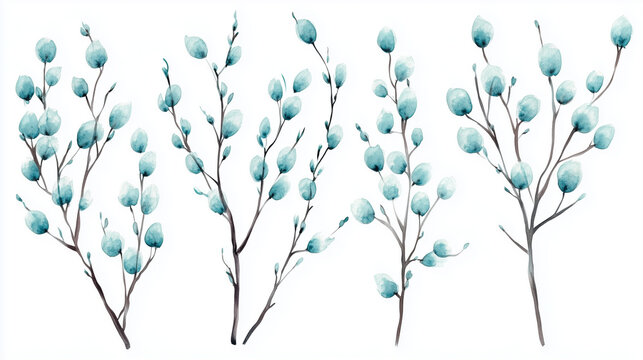 Watercolor set of teal willow branches isolated on white background