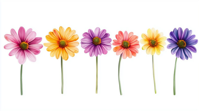 Watercolor set of small daisies isolated on white background