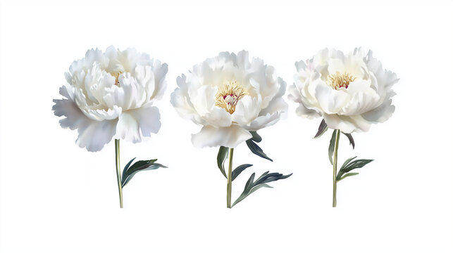 Watercolor set of white peonies isolated on white background