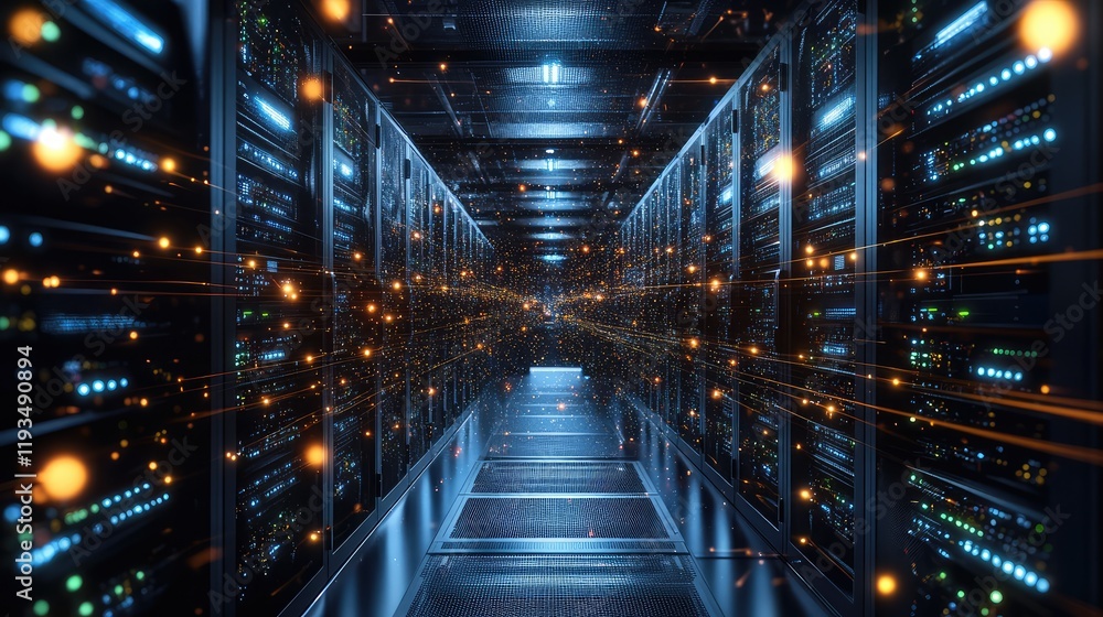 Poster advanced computing hub surrounded by glowing, interconnected circuits in a dark, high-tech environme