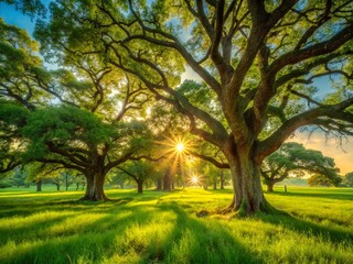 Fototapeta premium Golden Sunlight Bathes Summer Oak Savanna, Lush Green Grassland, Ancient Trees