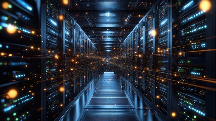 Fototapeta premium Advanced computing hub surrounded by glowing, interconnected circuits in a dark, high-tech environment