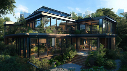 Obraz premium Passive house design innovation and sustainability technology efficiency materials. A modern passive house featuring large triple-glazed windows in a serene setting.