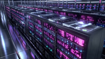 Advanced computing processors surrounded by illuminated data flow, set in a sleek futuristic data center