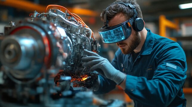 A man wearing virtual reality goggles and gloves is working on an engine in a factory setting.
