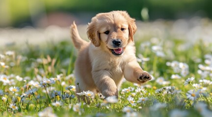 Joyful Golden Retriever Puppy Frolicking in a Field of Daisies on a Sunny Day