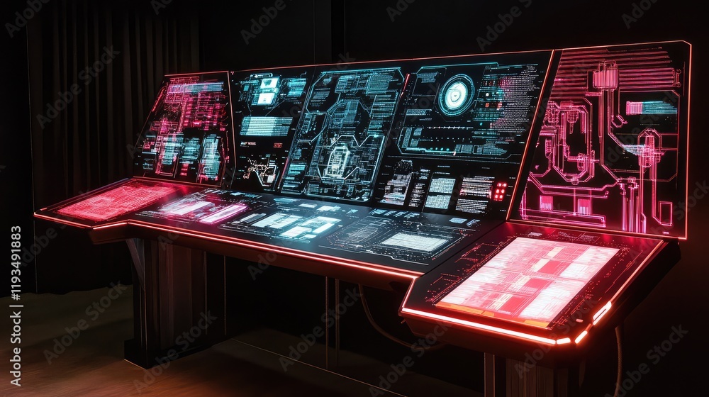 Poster advanced high-tech computing console surrounded by illuminated data grids and intricate digital path