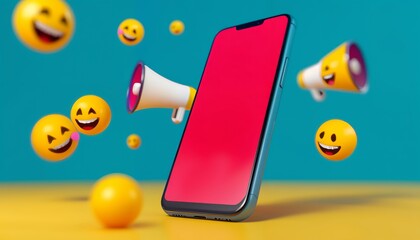 Smartphone with red screen, yellow background, megaphones, and emoji faces in a vibrant, high-contrast design, 3D render.