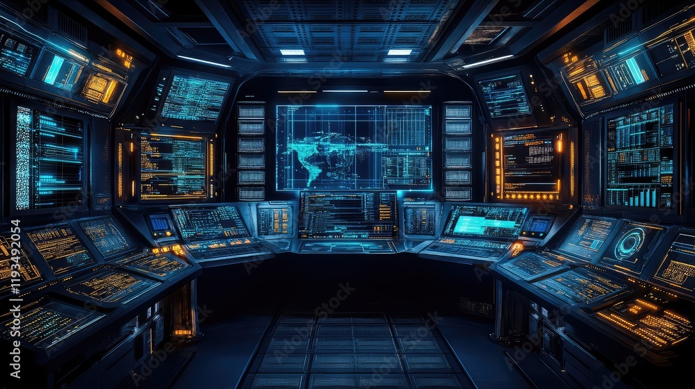 Poster advanced high-tech computing console surrounded by illuminated data grids and intricate digital path