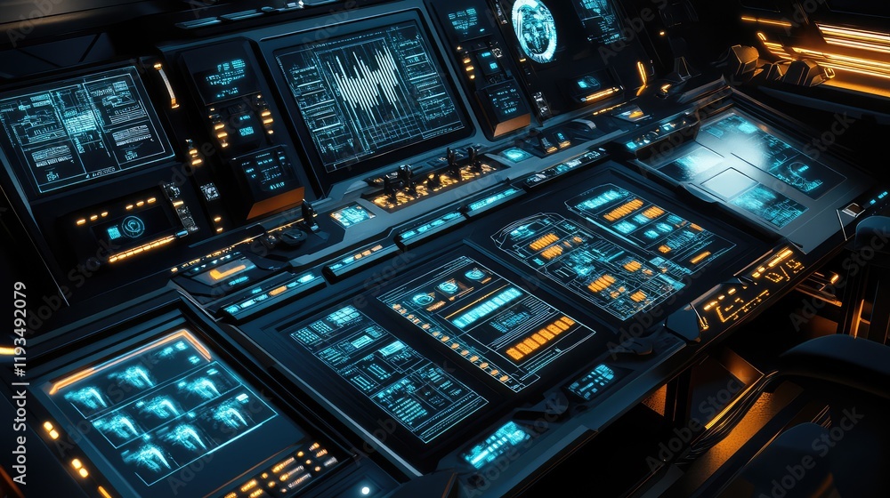 Poster advanced high-tech computing console surrounded by illuminated data grids and intricate digital path