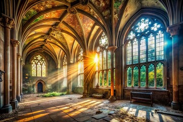 Fototapeta premium Gothic Castle Interior: Sunbeams Illuminate Abandoned Medieval Cathedral