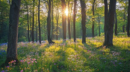 Obraz premium A tranquil forest scene featuring a vibrant array of wildflowers blooming under the soft, golden light of the sun filtering through tall, green trees. The warm sunlight creates a magical atmosphere, i