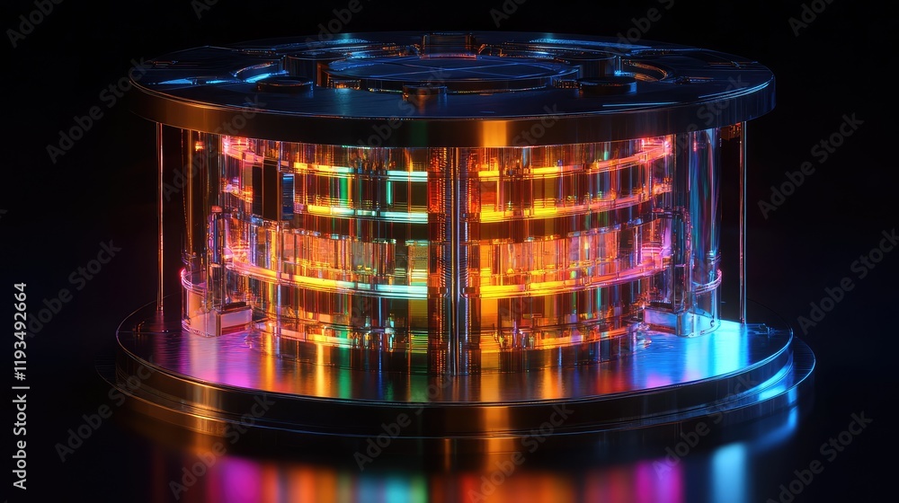 Poster advanced quantum processor core glowing with multicolored light, encased in a futuristic metallic de