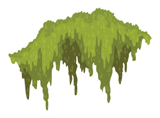 Cartoon jungle moss shape. Green swamp moss, forest hanging and creeping lichen. Rainy forest flora. Marsh plant for computer games isolated on white. Flat vector illustration