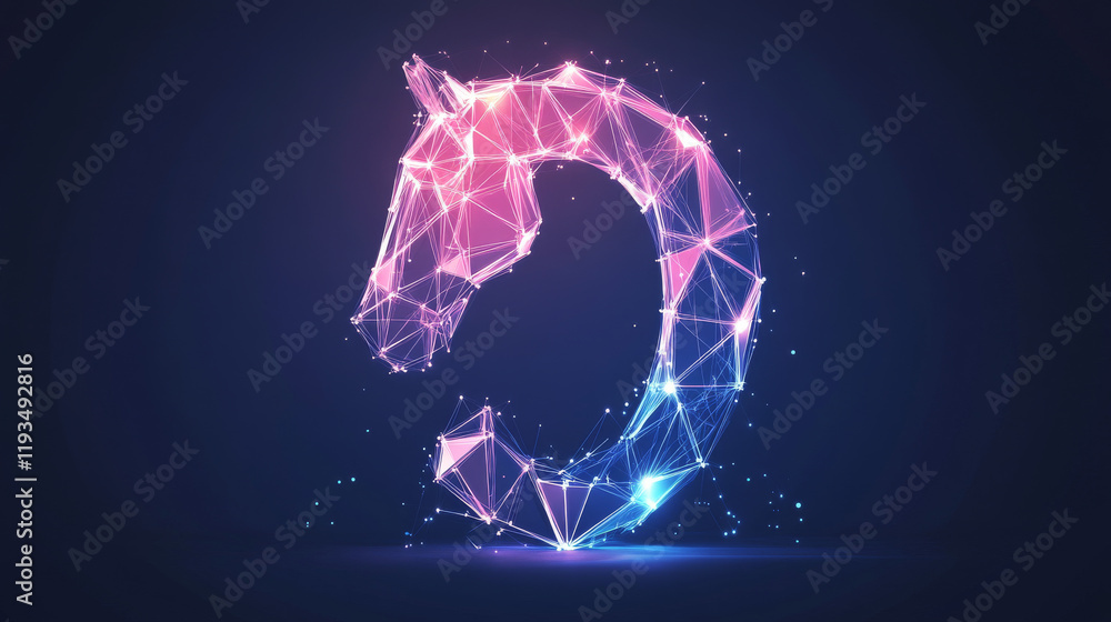 Poster a horseshoe hologram. a horseshoe of polygons, triangles of points and lines. the horseshoe icon is 