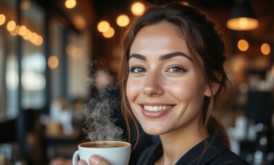Smiling woman enjoying coffee indoors