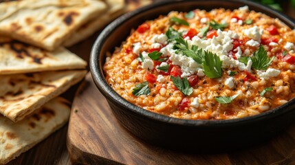 Close-up of rice and roasted red pepper and feta cheese dip with pita bread on a wooden board, emphasizing creamy and savory aspects. Ideal for appetizers and Mediterranean snacks.