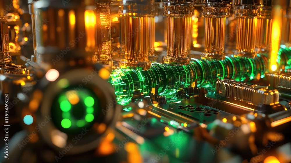 Poster advanced quantum processor depicted with intricate superconducting pathways glowing in vibrant green