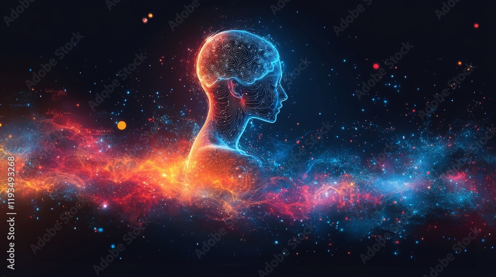 Poster a meditating figure surrounded by vibrant brain wave patterns in a cosmic setting