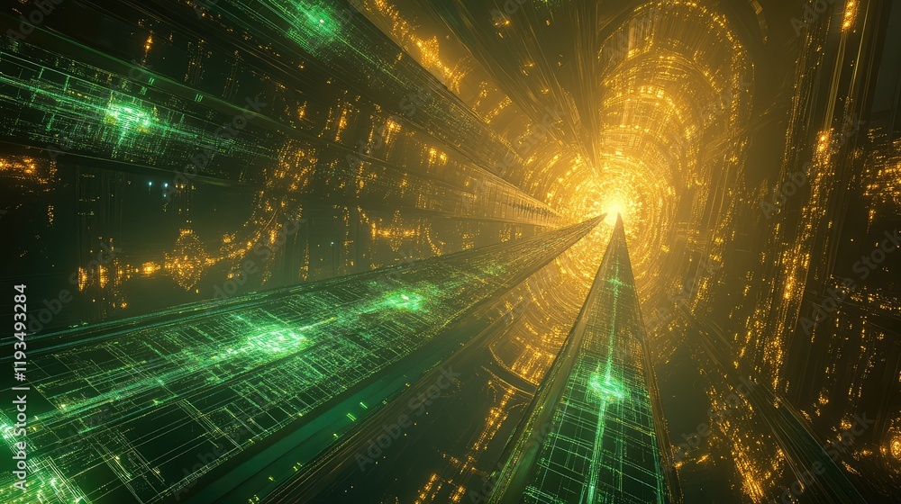 Poster advanced quantum processor depicted with intricate superconducting pathways glowing in vibrant green
