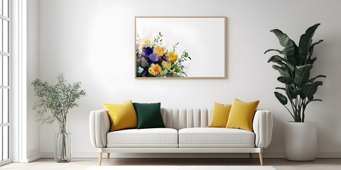 Picture fame mockup in the interior of a modern living room on a white wall with a sofa and a plant in a vase, transparent wall art mock-up, Generative Ai