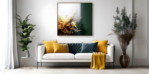 Picture fame mockup in the interior of a modern living room on a white wall with a sofa and a plant in a vase, transparent wall art mock-up, Generative Ai