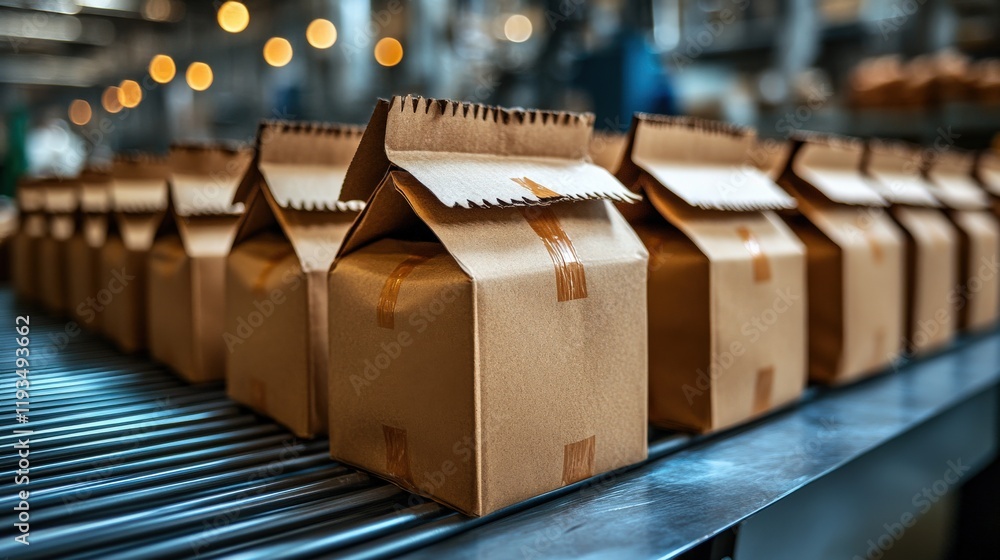 Poster brown paper milk cartons on production line with warm bokeh background in modern factory setting cap