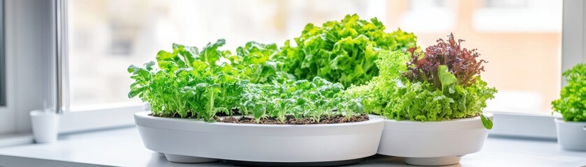 Naklejka premium Windowsill herbs, homegrown lettuce, spring, sunlight, healthy food