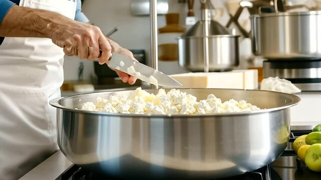 3_Cheese Master Cutting Fresh Curds in Traditional Cheese Vat