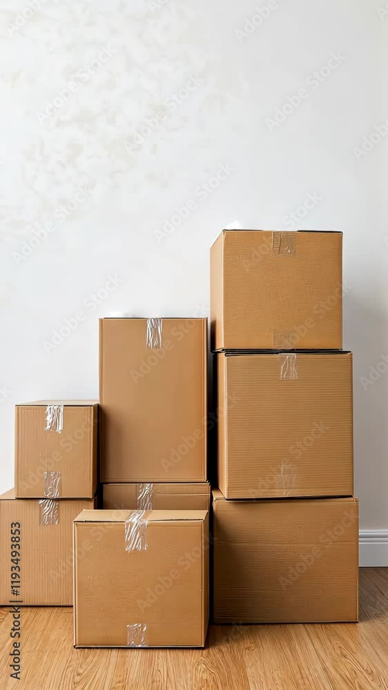 Poster a collection of various sizes of cardboard boxes neatly stacked against a plain wall in a home setti
