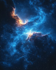 Fototapeta premium Cosmic Dance: An awe-inspiring nebula glows with ethereal blue and orange hues, creating a breathtaking spectacle of celestial wonder against a backdrop of shimmering stars. 