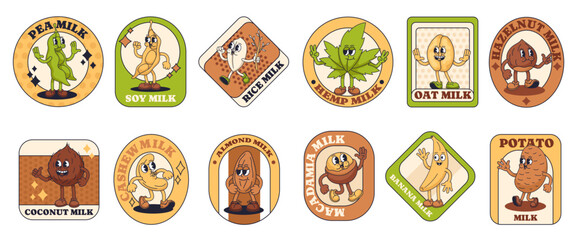 Groovy cartoon alternative milk label stickers. Plant based milk mascot characters in retro rubber hose style. Beverage branding packaging illustrations vector set.