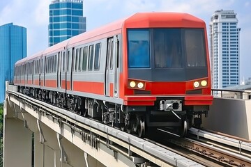 Fototapeta premium Modern Red Train Traveling on Elevated Tracks in Urban Cityscape with Skyscrapers