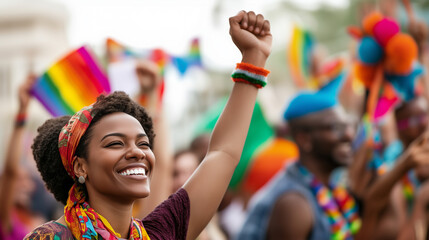 Fototapeta premium A cheerful African American woman celebrates diversity at a colorful gay pride parade in a bustling city on a sunny day. Generative AI