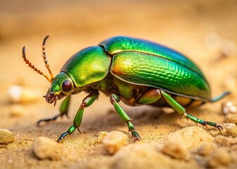 Fototapeta premium Green Beetle Crawling on Sandy Beach - High-Resolution Stock Photo