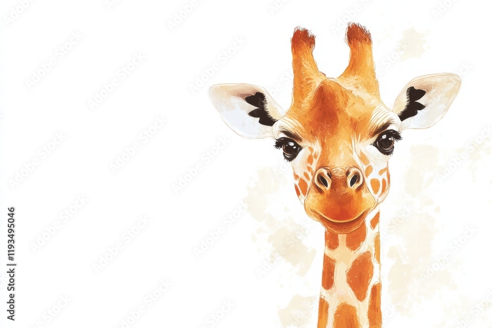 Poster giraffe gazes curiously at the viewer in a colorful and enchanting illustrated design. generative ai
