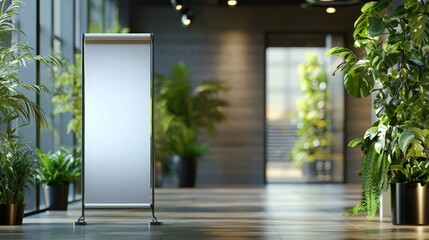 Another rollup banner mockup stands ready to display marketing or informational content in a professional setting.