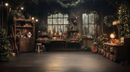 Naklejka premium A Festive Workshop Scene with Christmas Decor, Wooden Elements, and a Cozy Atmosphere, Christmas Decor, Workshop, Festive, Christmas