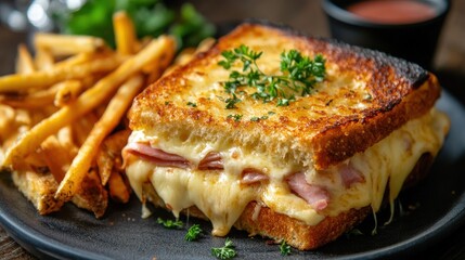 Delicious Croque Monsieur Sandwich with French Fries