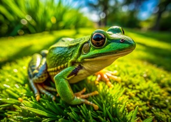 Fototapeta premium Green Frog on Lush Lawn - Drone Aerial View