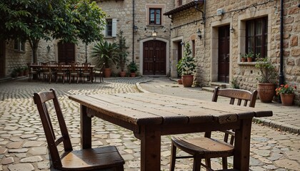 Rustic Wooden Table and Chairs in Charming European Stone Courtyard