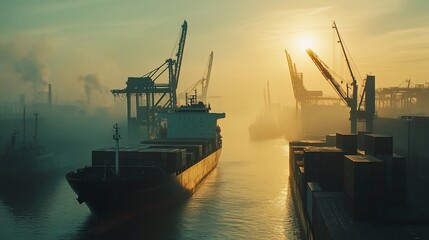 Obraz premium Container Ship Navigating Misty Harbor at Sunrise