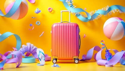 Vibrant yellow background with red rolling suitcase, beach ball, white flip flops, and colorful ribbons in a playful, minimalist 3D render, summer vacation theme.