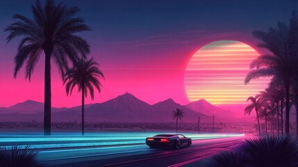 Retro Sunset Drive, Palm Trees, Digital Art, Synthwave, Sunset, 80s , Night Drive