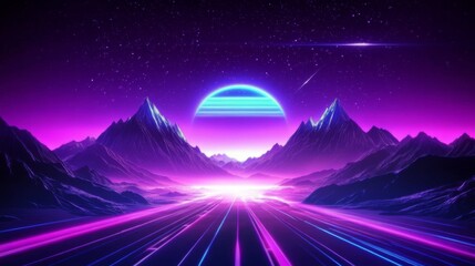 Synthwave Mountain Landscape with Glowing Lines and Planet, Synthwave, Retro Future, Cyberpunk