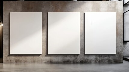 Fototapeta premium Three Blank Canvases on Concrete Wall, 3D Rendering, Mockup, Presentation, Art Gallery, Interior Design, Exhibition Space